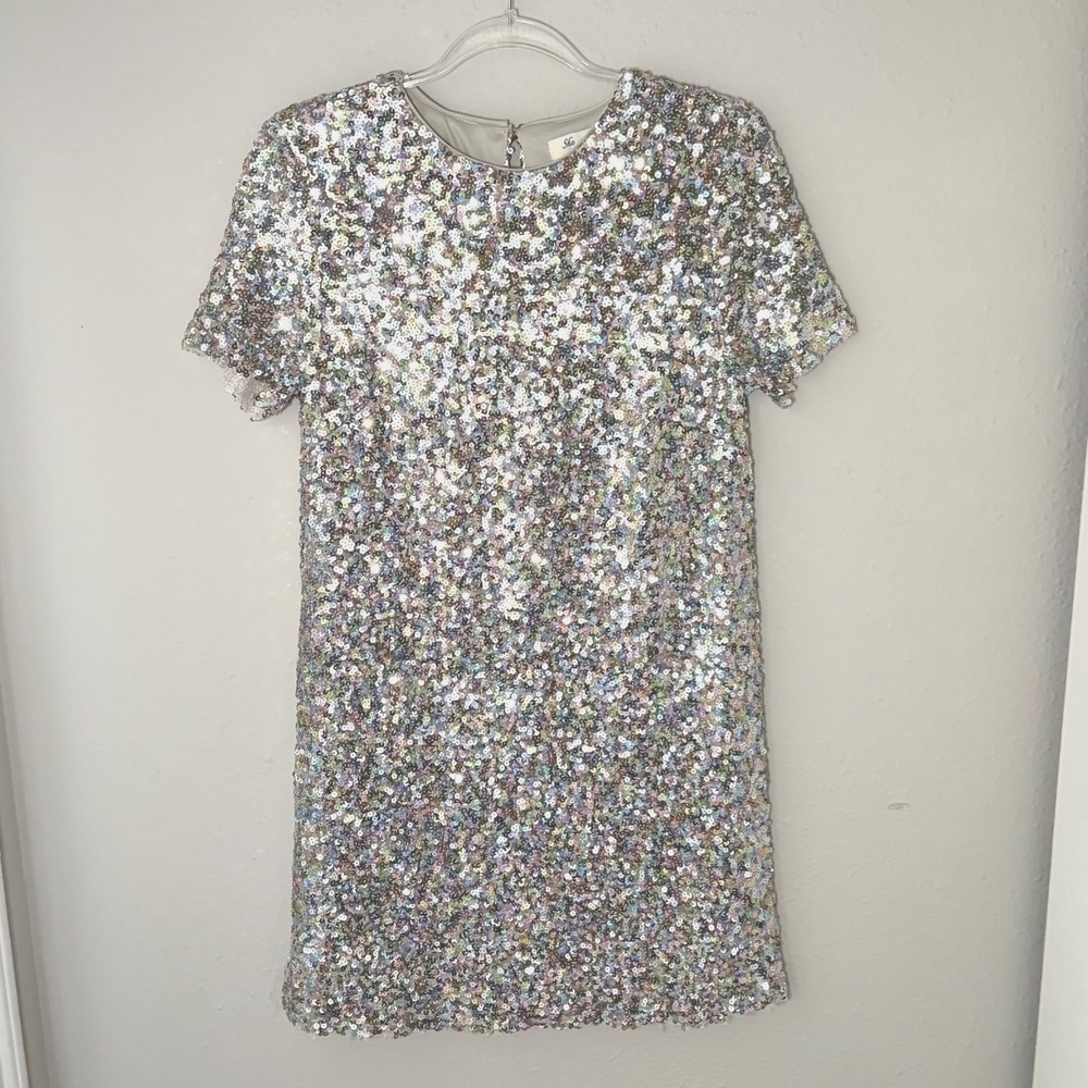 She + Sky Multicolor Sequin Mini Dress Silver Pastel Short Sleeve Shift Medium